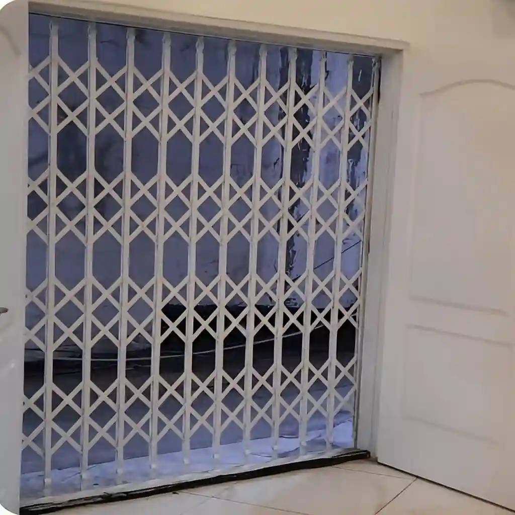 حفاظ آکاردئونی چهار گل تسمه ۲.۵ سانتی متر نصب شده روی درب ورودی