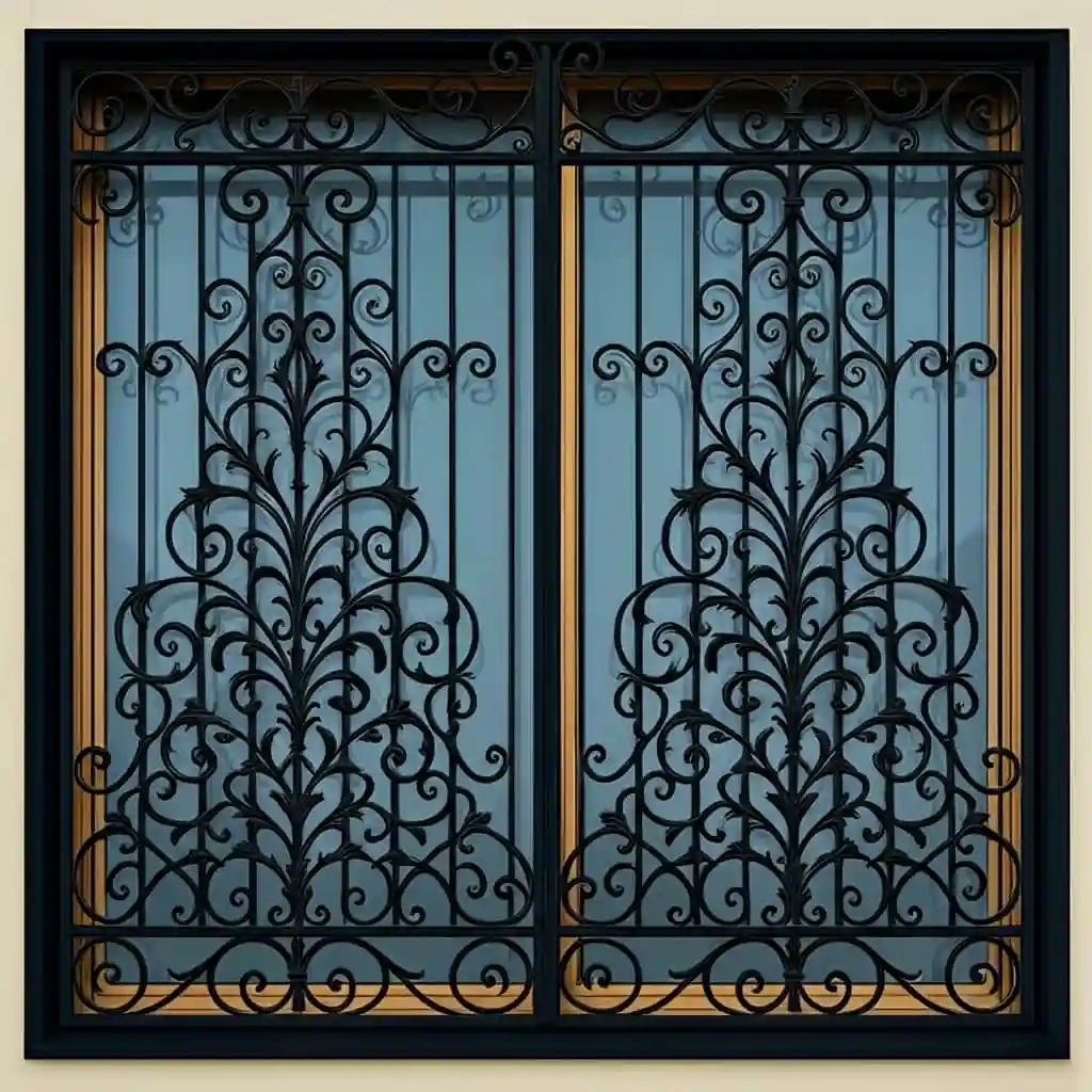 عکس حفاظ پنجره مدل اشرافی زرین با فرفورژه طلایی در نمای رومی