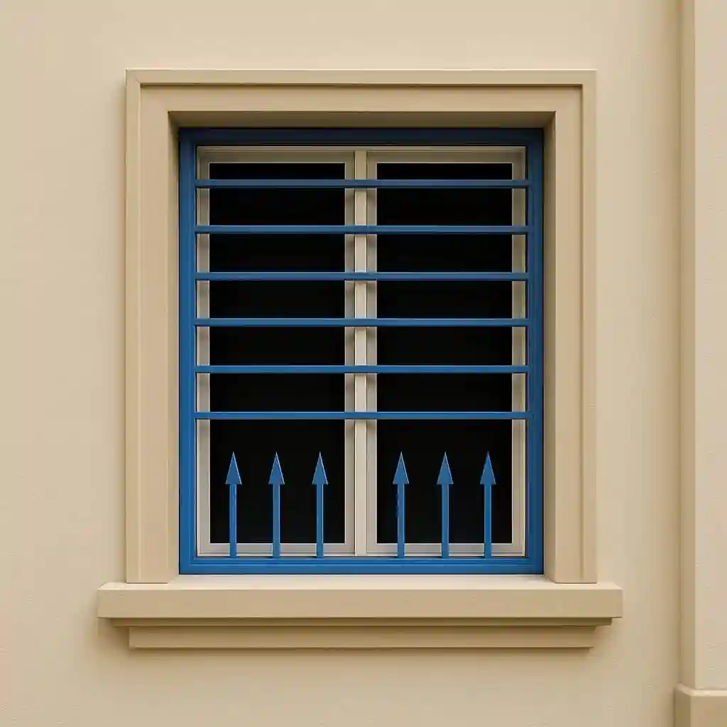 عکس حفاظ پنجره تیغدار مدرن نصب شده روی نمای سنگی