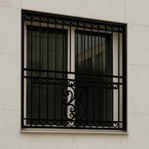 حفاظ پنجره کلاسیک سلطنتی فرفورژه روی نمای رومی