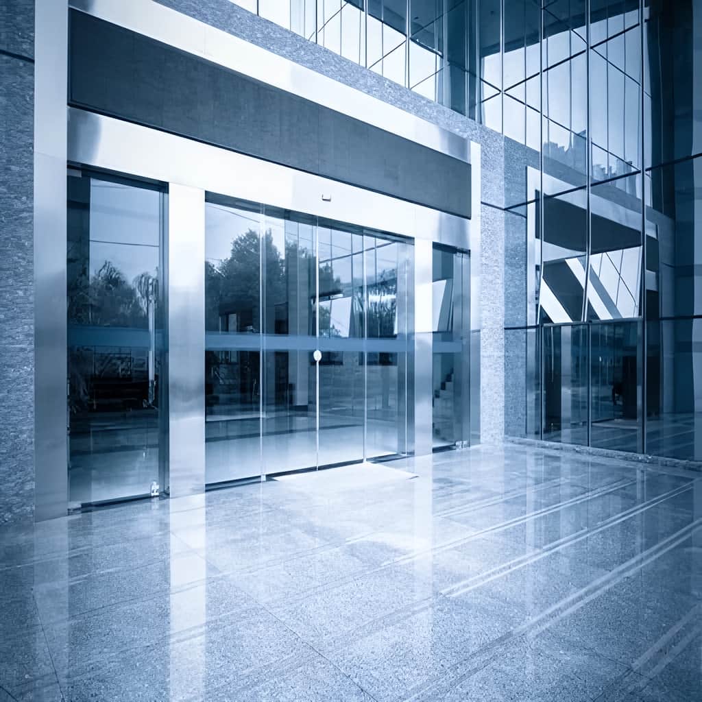 درب اتوماتیک شیشه ای دو لنگه کشویی با چشمی ایمنی ورودی